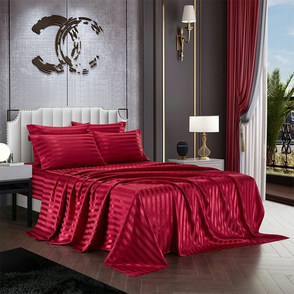 AiMay Italian Style 6 Piece Satin Bed Sheet Set Stripes Super Soft Deep Pocket 1800 Luxury Rich Silk 1 Flat Sheet 1 Fitted Sheet 4 Envelope Pillowcases Stain-Resistant Wrinkle Free (King, Burgundy)