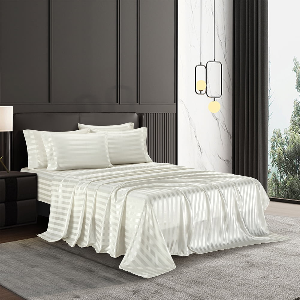 AiMay Italian Style  6 Piece Satin Bed Sheet Set Stripes Super Soft Deep Pocket 1800 Luxury Rich Silk 1 Flat Sheet 1 Fitted Sheet 4 Envelope Pillowcases Stain-Resistant Wrinkle Free (King, Off White)