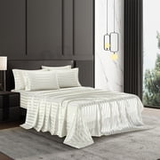 AiMay Italian Style 6 Piece Satin Bed Sheet Set Stripes Super Soft Deep Pocket 1800 Luxury Rich Silk 1 Flat Sheet 1 Fitted Sheet 4 Envelope Pillowcases Stain-Resistant Wrinkle Free King, Off White