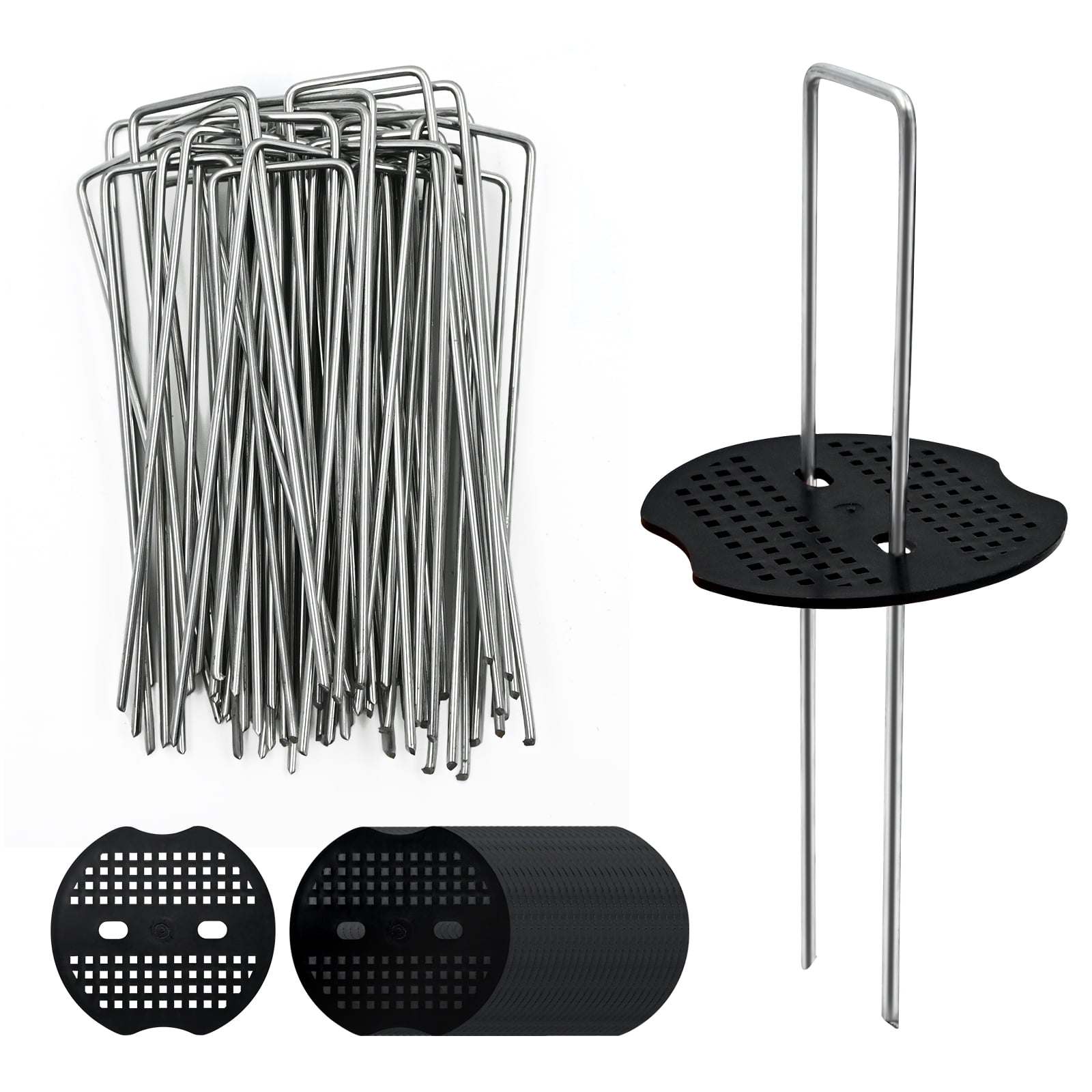 AiTuiTui 40 Pack 6 inch Landscape Staples & 40pcs Fixing Gasket Sets, Garden Stakes Galvanized Steel Fabric Pins Heavy-Duty U Shape Sod Turf Pins for Ground Weed Fabric Barrier, Orchard, Yard, Tents