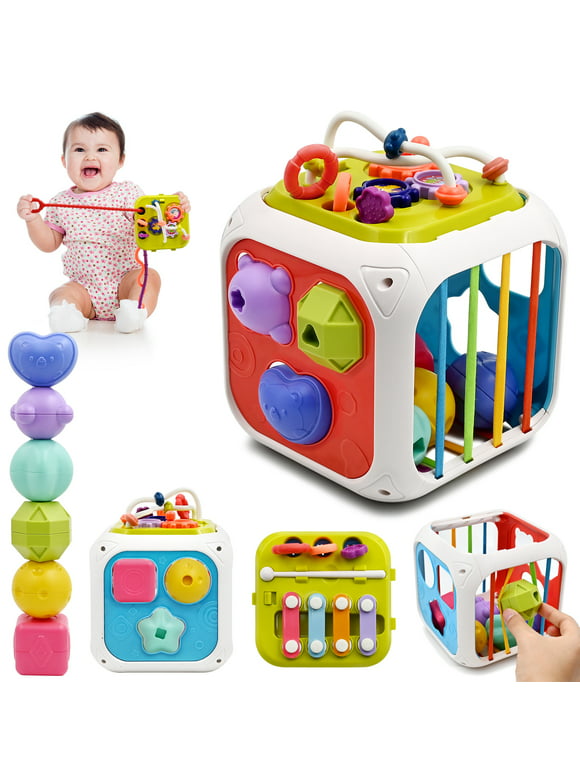 AiTuiTui Baby Toys 6 to 12 18 Months, Sensory Montessori Toys for 1 2 Year Old Boy Girl Gifts, 7 in 1 Multifunction Educational Toys with Shape Sorter, Stacking Blocks for Toddlers Birthday