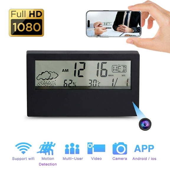 Aiacmea Smart Digital Clock with 1080P Mini WiFi Camera Indoor Surveillance with Night Vision, Motion Alerts, App Control & Loop Recording for Home, Office, Baby, Pet Monitoring