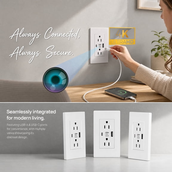 Aiacmea Wall Outlet Camera with 1 USB Port and 1 Type-C Port, 1080P Indoor Security Camera, WiFi Remote Viewing, Live Streaming, Motion Detection, Cloud Storage, White
