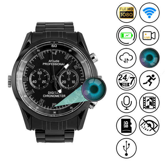 Aiacmea Watch-Style Wearable Security Camera, 1080P HD Recording, Audio & Cloud Storage, Rechargeable Portable Monitoring Device, Black