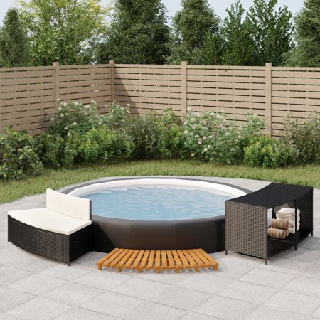 Aibecy Spa Surround Black Poly Rattan and Solid Wood Acacia