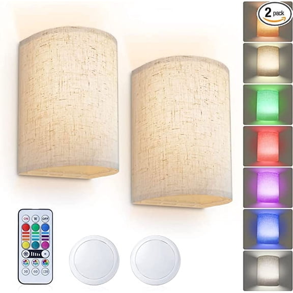 USB Rechargeable Wall Sconces with Remote(Set of 2 ) - 16 RGB Colors, Dimmable Fabric Wall Lights for Bedroom, Living Room, and Hallway