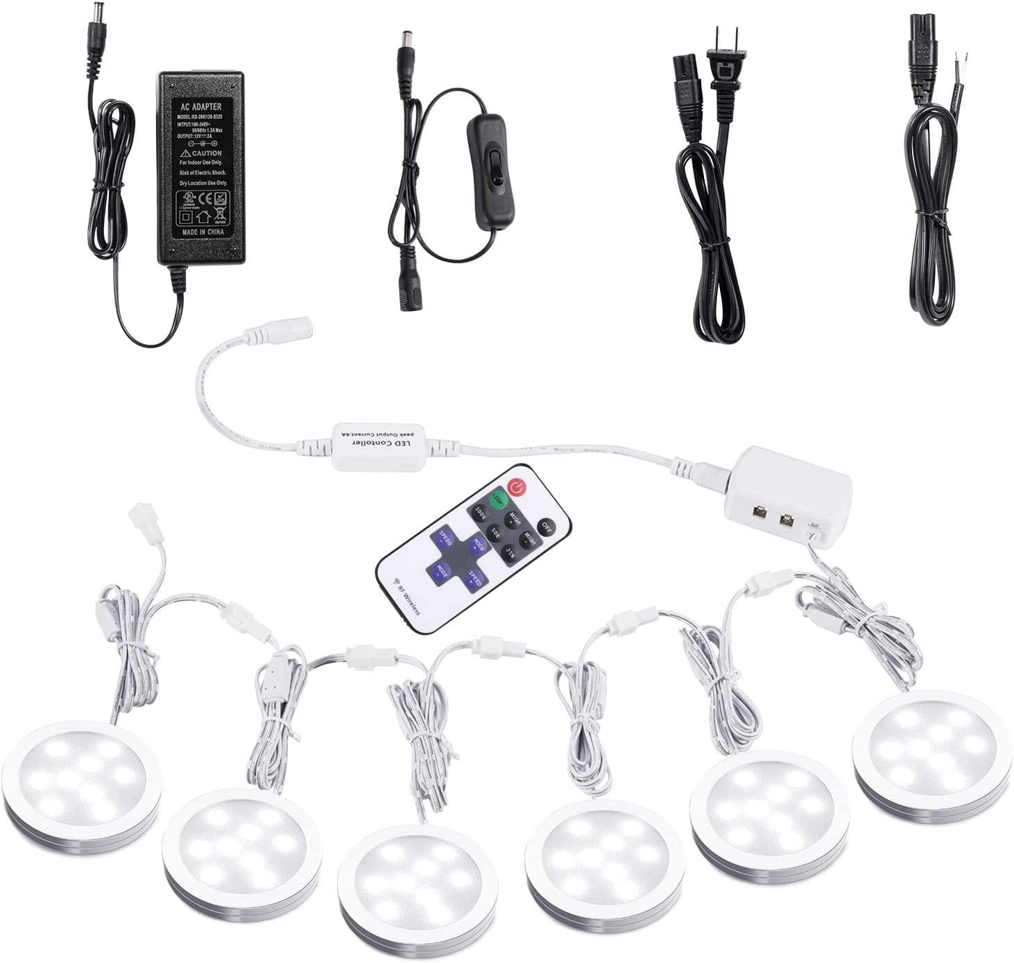 Linkable Under Cabinet LED Puck Lights - 12V Dimmable with Wireless RF Remote Control, Hardwired & Wall Plug Options for Counter Lighting (6 Lights, Daylight White)