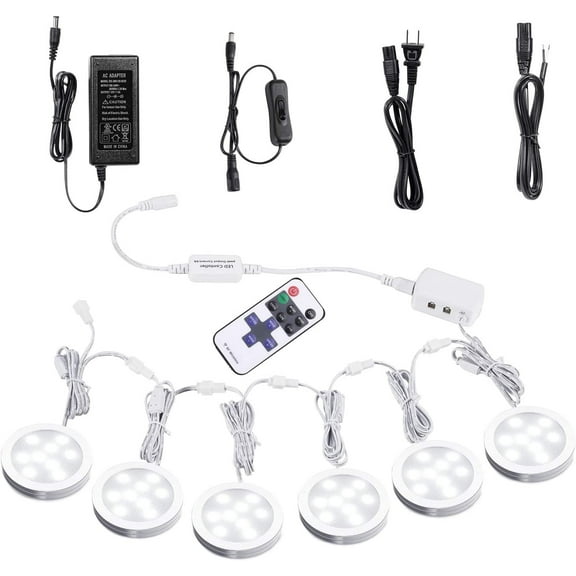 Linkable Under Cabinet LED Puck Lights - 12V Dimmable with Wireless RF Remote Control, Hardwired & Wall Plug Options for Counter Lighting (6 Lights, Daylight White)