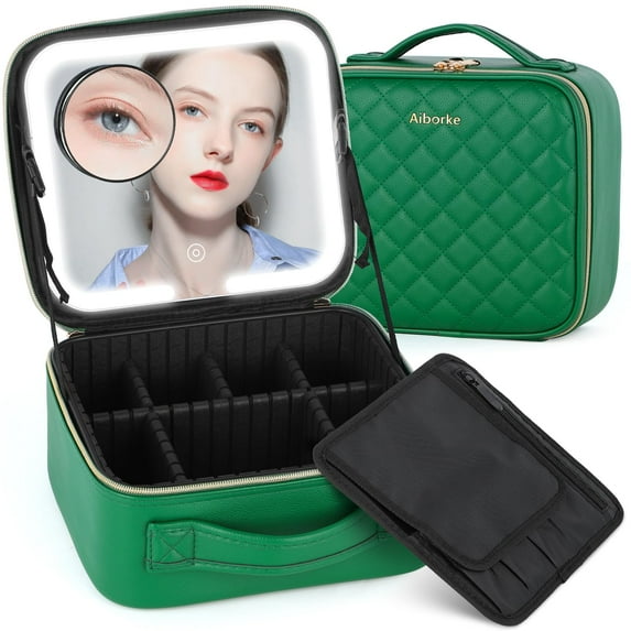 Aiborke Travel Makeup Bag with Led Mirror Makeup Case with Lighted Mirror Cosmetic Organizer bag with Adjustable Dividers and 10x Magnifying Mirror Gift for Women (Green)