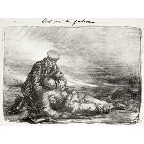 Aid For The Fallen. A Soldier Helps A Wounded Comrade. After And Illustration By