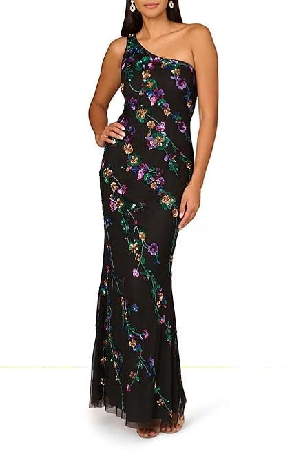 Aidan Mattox Beaded Mesh One Shoulder Sleeveless Mermaid Gown Color: BLACK  MULTI, Size: 4 - Walmart.com