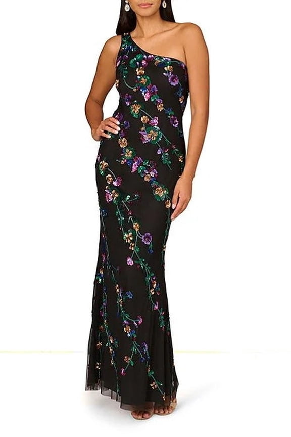 Beaded Mesh One Shoulder Sleeveless Mermaid Gown Color: BLACK MULTI, Size: 8