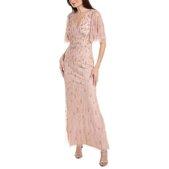 Aidan Mattox Beaded Mesh V-Neck Short Flutter Sleeve Gown in Ballet