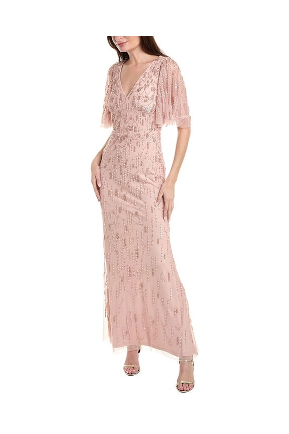 Beaded Mesh V-Neck Short Flutter Sleeve Gown in Ballet
