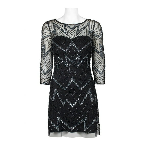 Aidan Mattox Boat Neck Illusion 3-4 Sleeve Zipper Back Embellished Mesh Dress-GUNMETAL / 0