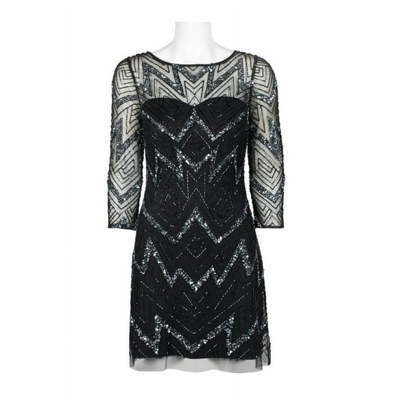 Aidan Mattox Boat Neck Illusion 3-4 Sleeve Zipper Back Embellished Mesh Dress-GUNMETAL / 0