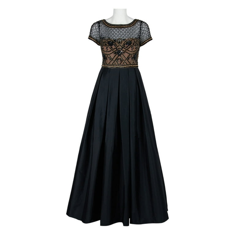 Aidan Mattox Boat Neck Short Sleeve Illusion Embellished Bodice Keyhole Back Mesh Tafetta Dress BLACK 0 Walmart