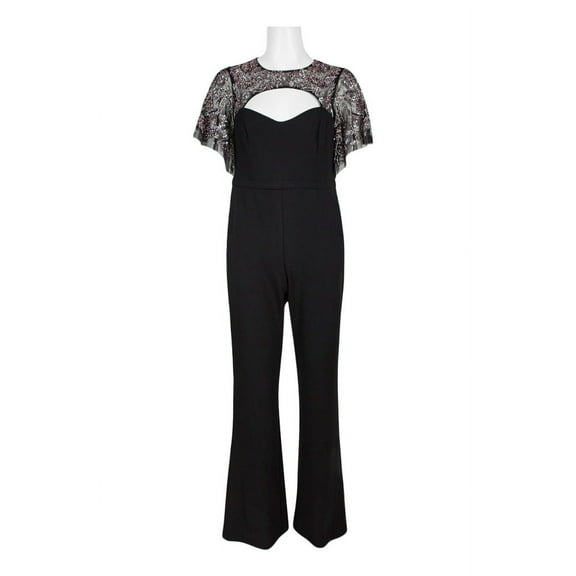 Aidan Mattox Crew Neck Cutout Front Short Sleeve Cutout Back Embellished Mesh Bodice Crepe Jumpsuit-BLACK / 0