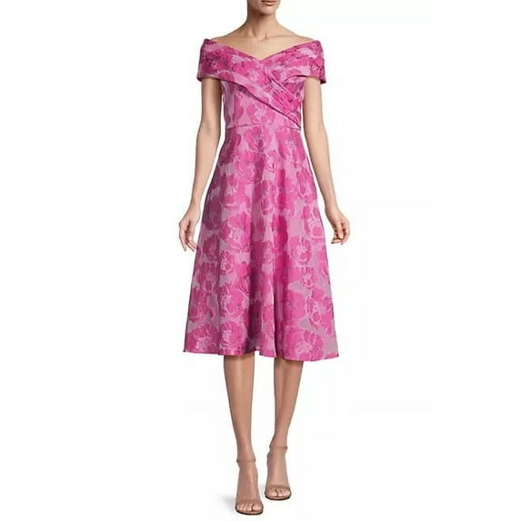 Aidan Mattox Elegant Magenta Floral Jacquard Off-The-Shoulder Midi-Dress