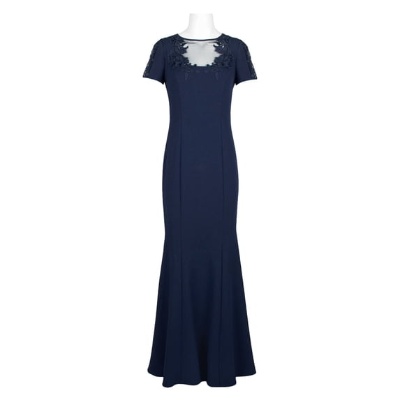 Aidan Mattox Illusion Embellished Crew Neck Short Sleeve Trumpet Keyhole Back Concealed Zipper Back Crepe Dress-NAVY / 0