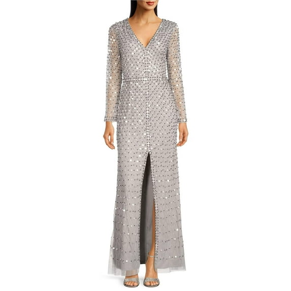 Aidan Mattox Sequined V-neck long sleeve slit front zipper back mesh gown-SILVER / 0