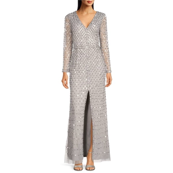 Aidan Mattox Sequined V-neck long sleeve slit front zipper back mesh gown-SILVER / 2