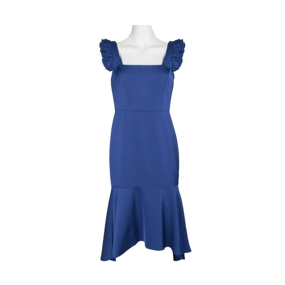 Aidan Mattox Square Neck Ruffled Shoulder Sleeveless High Low Hem Zipper Back Crepe Dress-ROYAL SAPPHIRE / 0