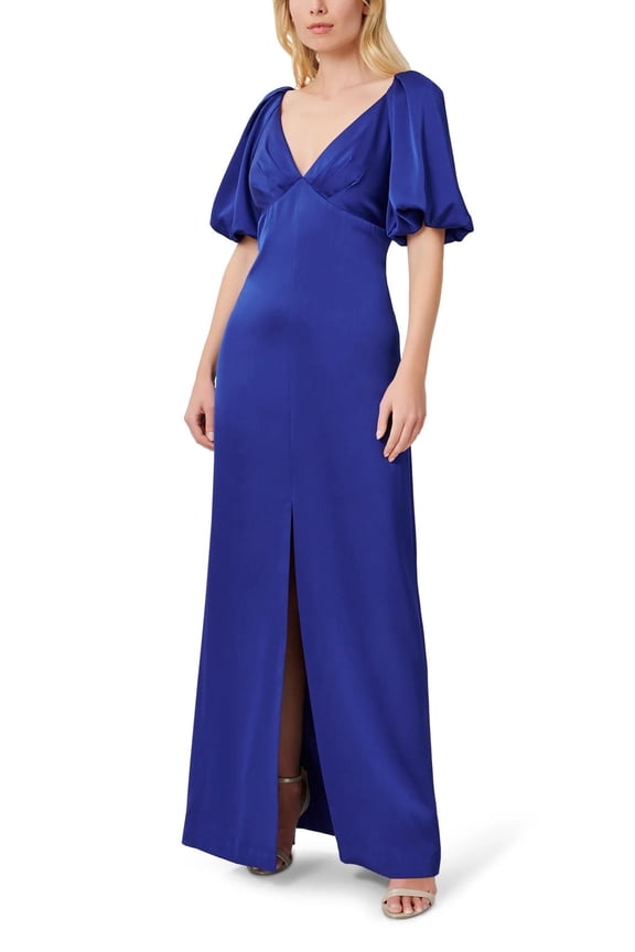 V-Neck Back Zipper Pleated Shoulders Short Sleeves Front Slit Opening Long Satin Dress-ROYAL SAPPHIRE / 18