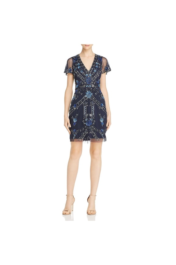 Womens Embellished V-Neck Cocktail Dress Navy 0