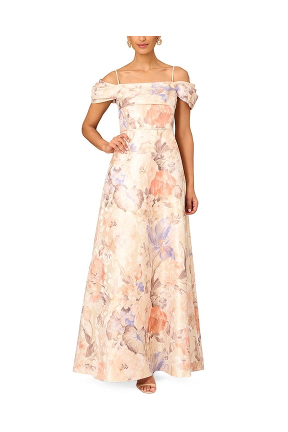 womens  Off Shoulder Pleated Bodice Gown, 0