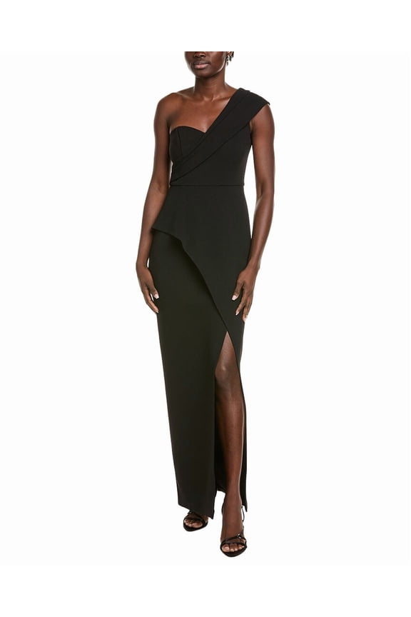 womens  One-Shoulder Wrap Column Gown, 2, Black