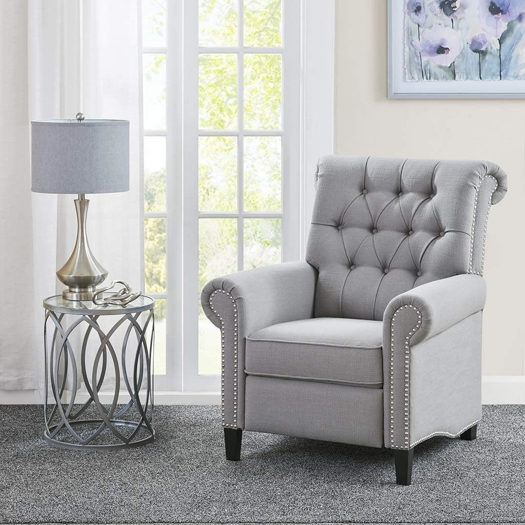 Elegant Gray Microfiber Recliner with Tufted Back and Bronze Nailhead Trim