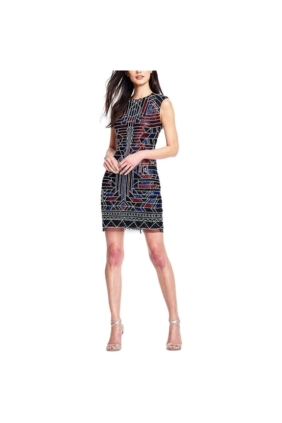 Aidan by Aidan Mattox Womens Beaded Geometric Sheath Dress Black 6
