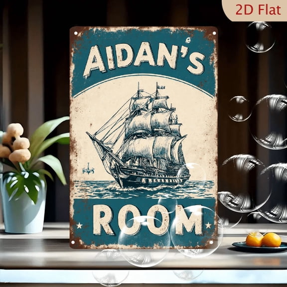 Aidan's Room Vintage Nautical Metal Wall Art Sign, 8x12 Inch Distressed Rustic Sailboat Ship Decor with Anchor and Stars for Kids Bedroom, Boy Nursery, or Maritime Themed Home Office