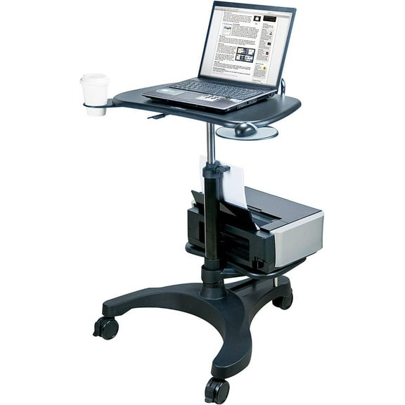 Aidata Ergonomic Sit-Stand Mobile Laptop Cart Work Station with Printer Shelf. with Built in Cup Holder and Mouse Pad. Black (Model: LPD009P)