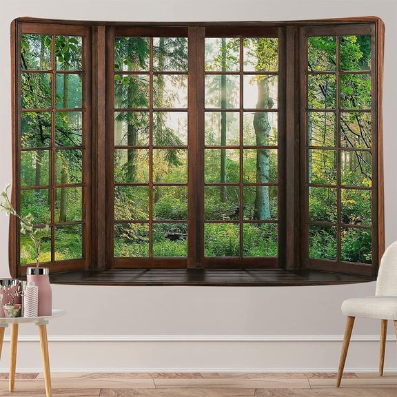 Aidatain Green Forest Natural Tapestry Window Scenery Wall Aesthetic Tapestry for Bedroom Flannel 40" L x 60" W Beach Blanket Living Dinning Room College Dorm Wall Hanging GTDJAT0090