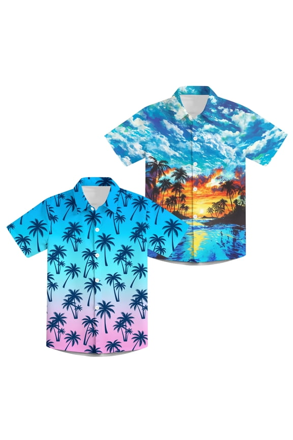2 Pack Boy Hawaiian Shirts Button Down Kids Tropical Aloha Shirts Short Sleeve Size 8-14 Year