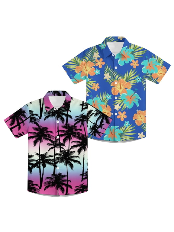2 Pack Boy Hawaiian Shirts Button Down Kids Tropical Aloha Shirts Short Sleeve Size 8-14 Year