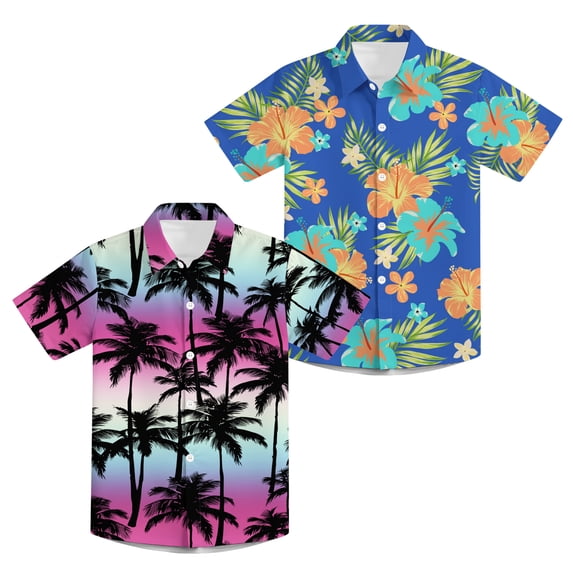 Aideaone 2 Pack Boy Hawaiian Shirts Button Down Kids Tropical Aloha Shirts Short Sleeve Size 8-14 Year