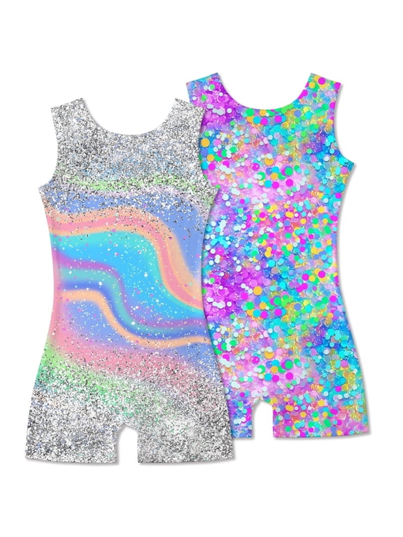 2 Pack Gymnastics Leotards for Girls Sparkly Toddler Biketards with Shorts Kids Unitard Dance Sportswear 3-10T