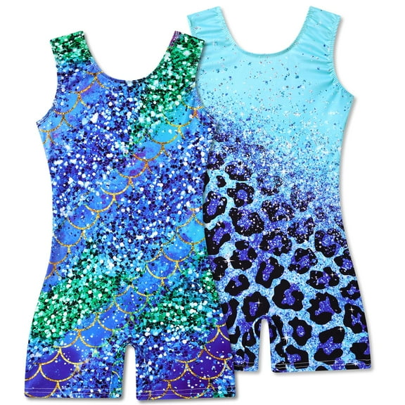 Aideaone 2 Pack Gymnastics Leotards for Girls Sparkly Toddler Biketards with Shorts Kids Unitard Dance Sportswear 3-10T
