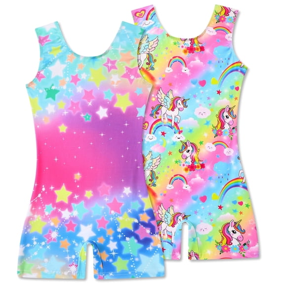 Aideaone 2 Pack Gymnastics Leotards for Girls Sparkly Toddler Biketards with Shorts Kids Unitard Dance Sportswear 3-10T