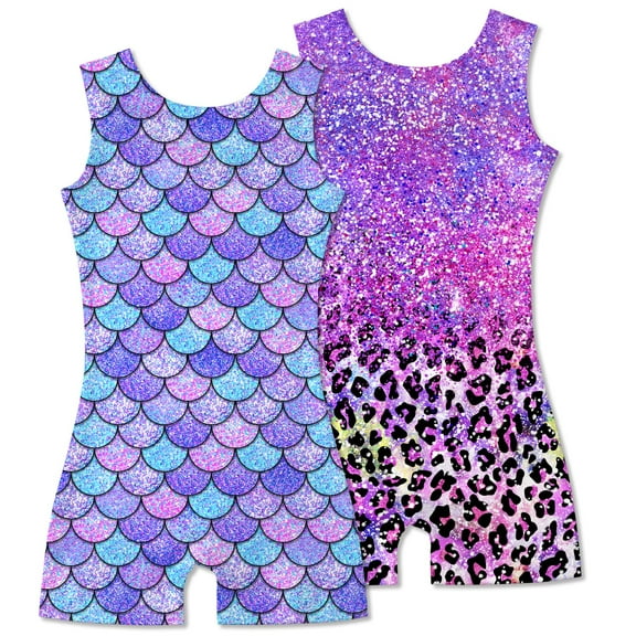 Aideaone 2 Pack Gymnastics Leotards for Girls Sparkly Toddler Biketards with Shorts Kids Unitard Dance Sportswear 3-10T