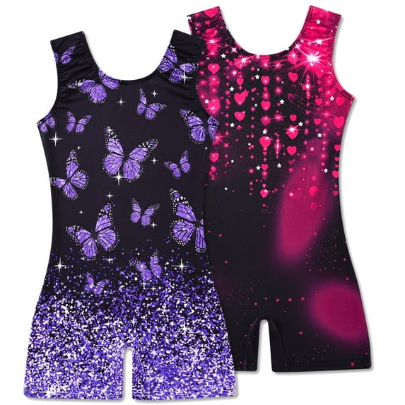 Aridak 2 Pack Gymnastics Leotards for Girls Sparkly Toddler Biketards with Shorts Kids Unitard Dance Sportswear 3-10T