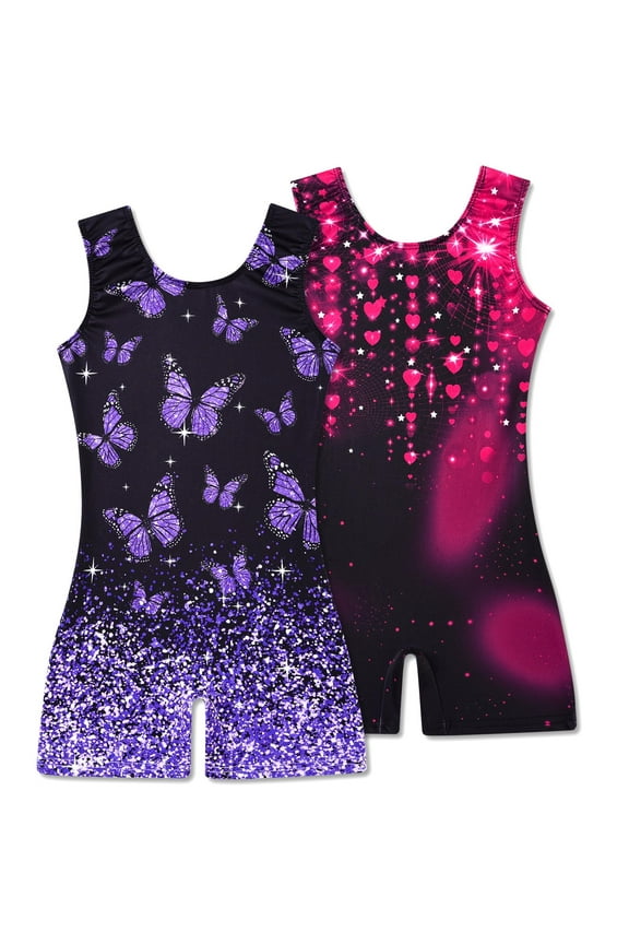 2 Pack Gymnastics Leotards for Girls Sparkly Toddler Biketards with Shorts Kids Unitard Dance Sportswear 3-10T