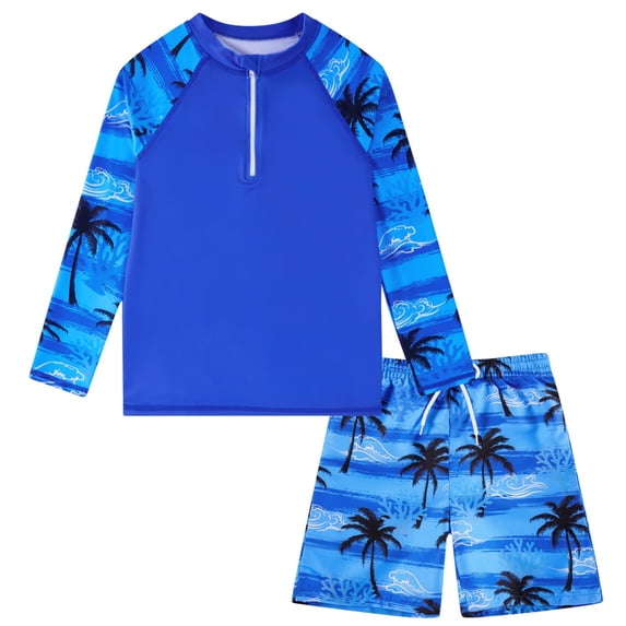 Aideaone 2 Piece Boys Swim Sets Swim Trunks with Rash Guard for Kids Bathing Suits Boys Swimwear with Zipper Size 7-12T