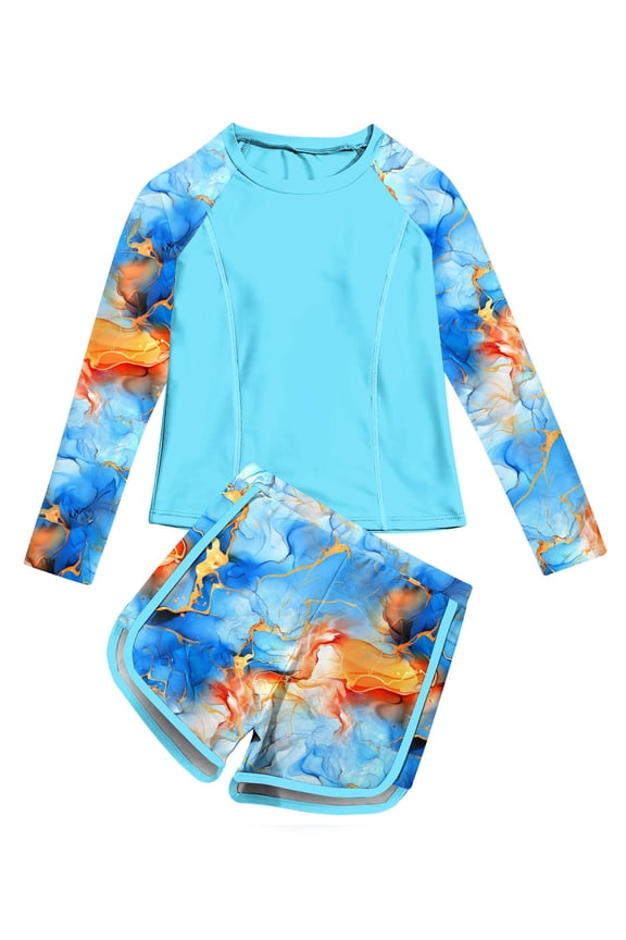2 Piece Girls Rash Guard Set Long Sleeve Swimsuit with Shorts UPF 50+ Bathing Suits for Girls 7-12 Years