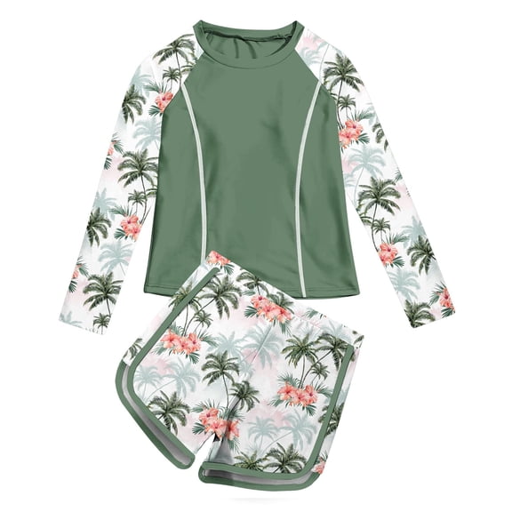 2 Piece Girls Rash Guard Set Long Sleeve Swimsuit with Shorts UPF 50 Bathing Suits for Girls 7-12 Years