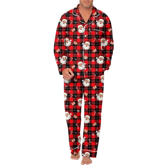 Aideaone 2 Piece Men's Pajamas Set Button Down Sleepwear Long Sleeve Pjs Set Soft Loungewear with Pockets Size M-XXL