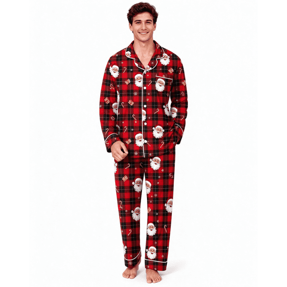 Aideaone 2 Piece Christmas Men's Pajamas Set Button Down Sleepwear Long Sleeve Pjs Set Soft Loungewear with Pockets Size M-XXL